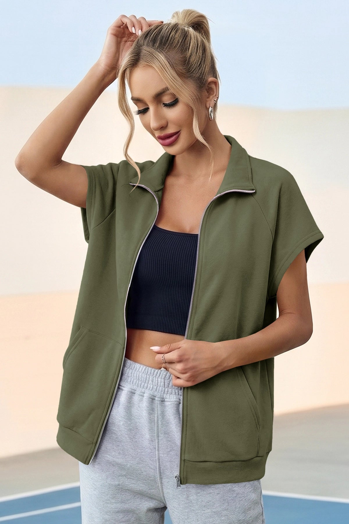 Fisoew Women's Army Green Zip Up Sleeveless Sweatshirts - Fisoew