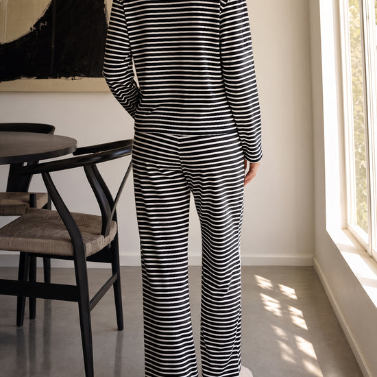 Striped Cardigan With Drawstring Pant Sets - Fisoew