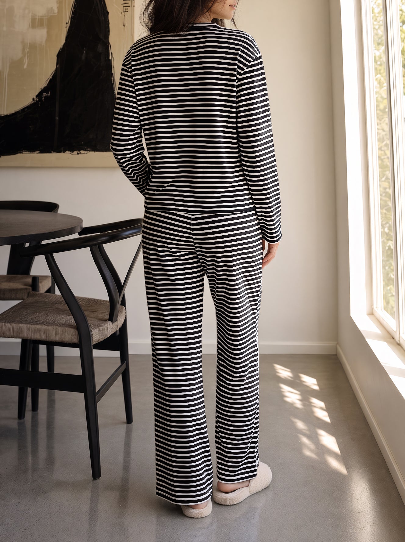 Striped Cardigan With Drawstring Pant Sets - Fisoew