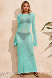 Fisoew Women's Mint Crochet  Long Sleeve Sexy Swimsuit Maxi Dress - Fisoew