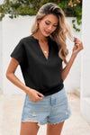 Fisoew Women's Black V Neck Cap Sleeve Casual Loose Fit T Shirts - Fisoew