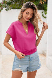 Fisoew Women's Rose Red V Neck Cap Sleeve Casual Loose Fit T Shirts - Fisoew