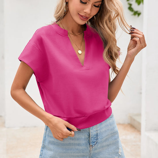 Fisoew Women's Rose Red V Neck Cap Sleeve Casual Loose Fit T Shirts - Fisoew