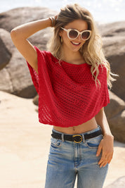 Fisoew Women's Red Sheer Shawl Boho Crochet Cover Ups - Fisoew