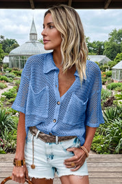 Fisoew Women's Blue Crochet Lightweight Cardigan Sweaters Cover Up Shirts