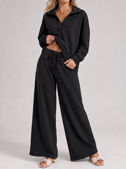 V Neck Pullover With Wide Leg Pants Sets