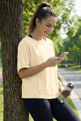 Fisoew Women's Beige Oversized Crop Tops Summer T-Shirt