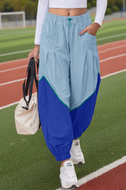Womens Blue Elastic Waist Color Block Pants Fisoew - Fisoew