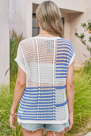 Fisoew Women's Blue Striped Crochet Short Sleeve Sweater Vest Tops - Fisoew
