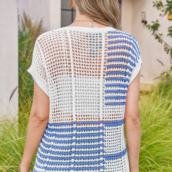 Fisoew Women's Blue Striped Crochet Short Sleeve Sweater Vest Tops - Fisoew
