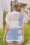 Fisoew Women's Blue Striped Crochet Short Sleeve Sweater Vest Tops - Fisoew
