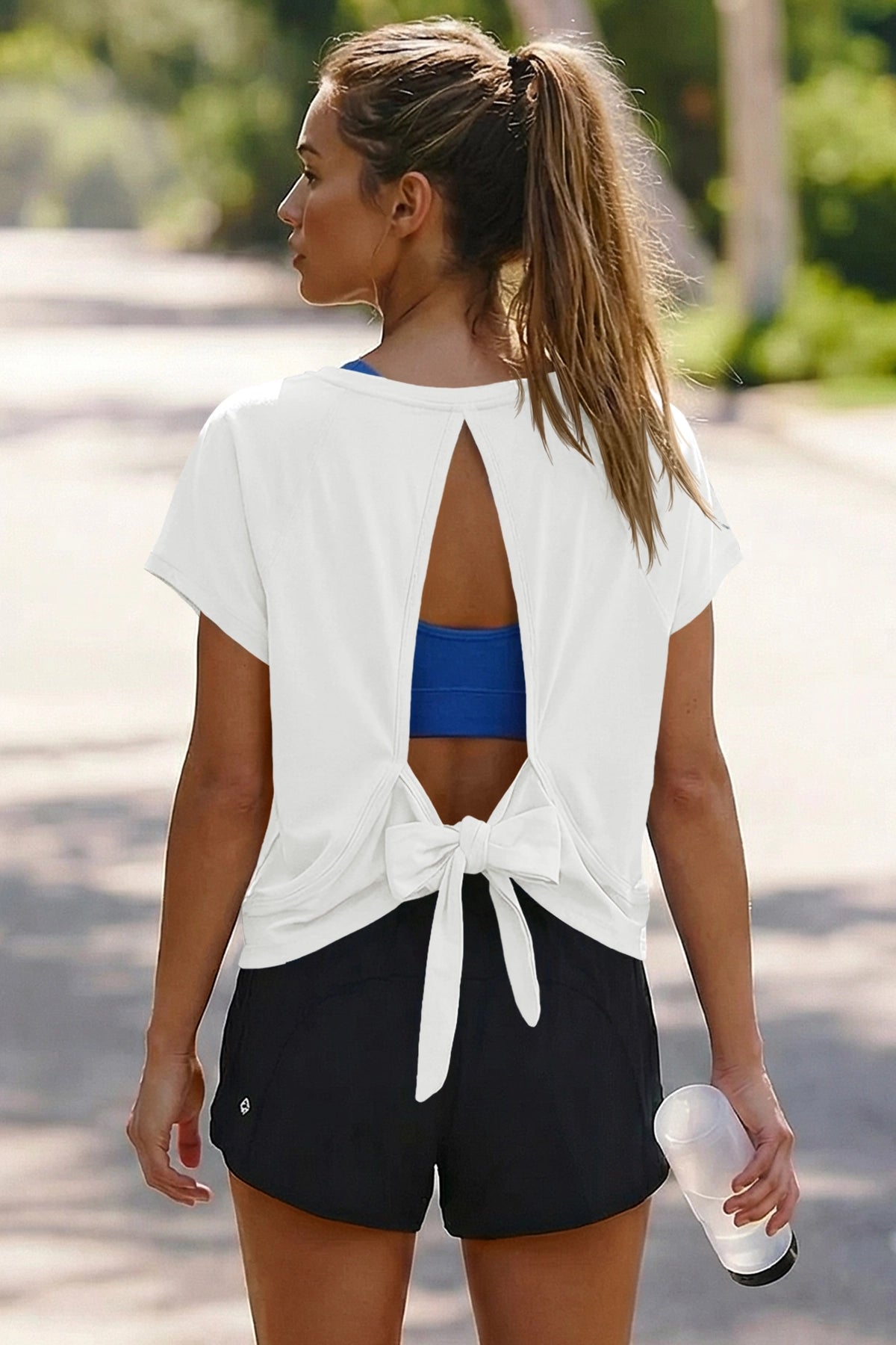 Fisoew Women's White Open Back Tie Workout Crop  Breathable T-shirt - Fisoew