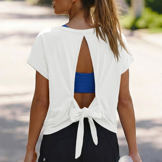 Fisoew Women's White Open Back Tie Workout Crop  Breathable T-shirt - Fisoew