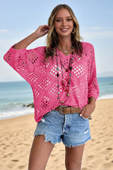 Womens Pink Summer Short Sleeve Crochet Swimsuit Fisoew