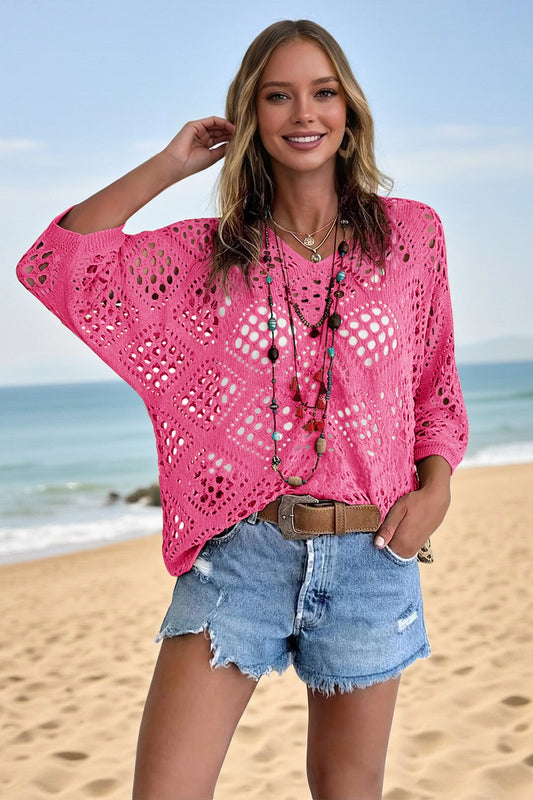 Womens Pink Summer Short Sleeve Crochet Swimsuit Fisoew - Fisoew