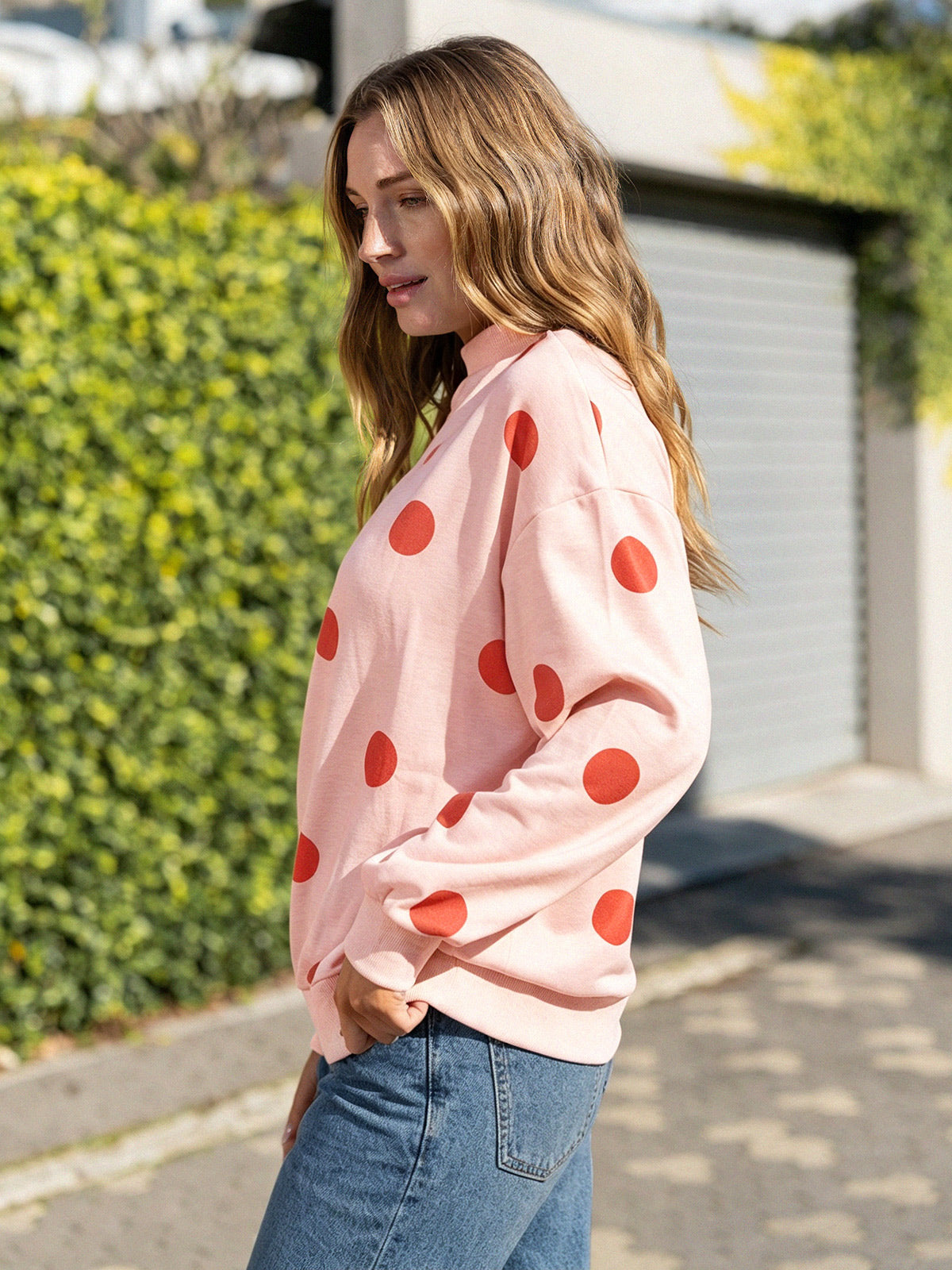 Mock Neck Long Sleeve Polka Dot Sweatshirts - Fisoew