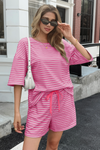 Womens Pink Striped Short Sets 2 Piece Fisoew - Fisoew