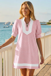 Fisoew Women's Pink Casual Short Puff SleeveT Shirt Mini Dress - Fisoew