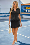 Womens Black 2 Piece Outfits Sweater Tops Fringe Skirt Fisoew - Fisoew