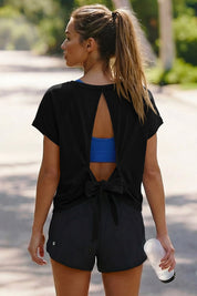 Fisoew Women's Black Open Back Tie Workout Crop  Breathable T-shirt - Fisoew