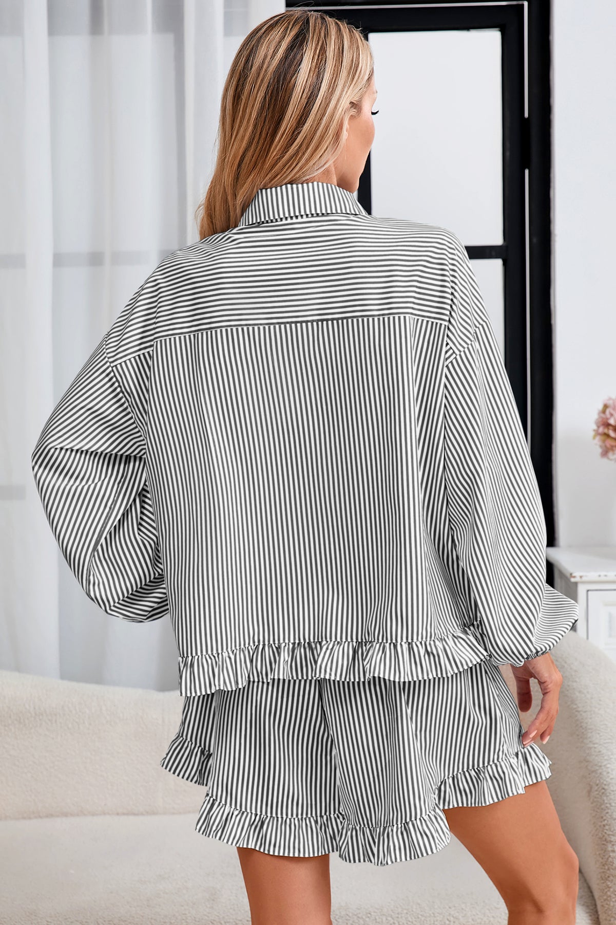 Womens Black Stripe 2Pcs Ruffle Shorts Pajama Set  Fisoew