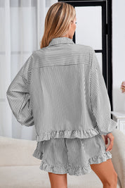 Womens Black Stripe 2Pcs Ruffle Shorts Pajama Set  Fisoew