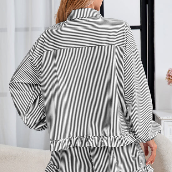 Womens Black Stripe 2Pcs Ruffle Shorts Pajama Set  Fisoew - Fisoew