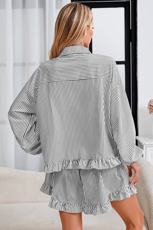 Womens Black Stripe 2Pcs Ruffle Shorts Pajama Set  Fisoew - Fisoew