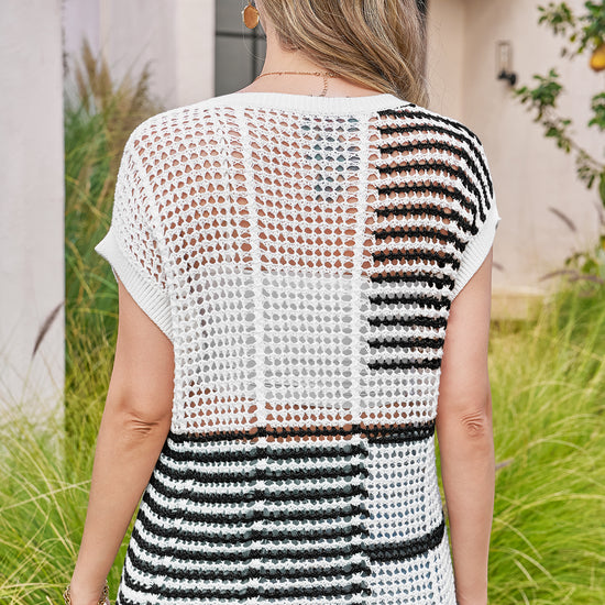 Fisoew Women's Black Striped Crochet Short Sleeve Sweater Vest Tops - Fisoew