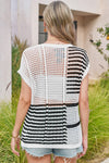 Fisoew Women's Black Striped Crochet Short Sleeve Sweater Vest Tops - Fisoew