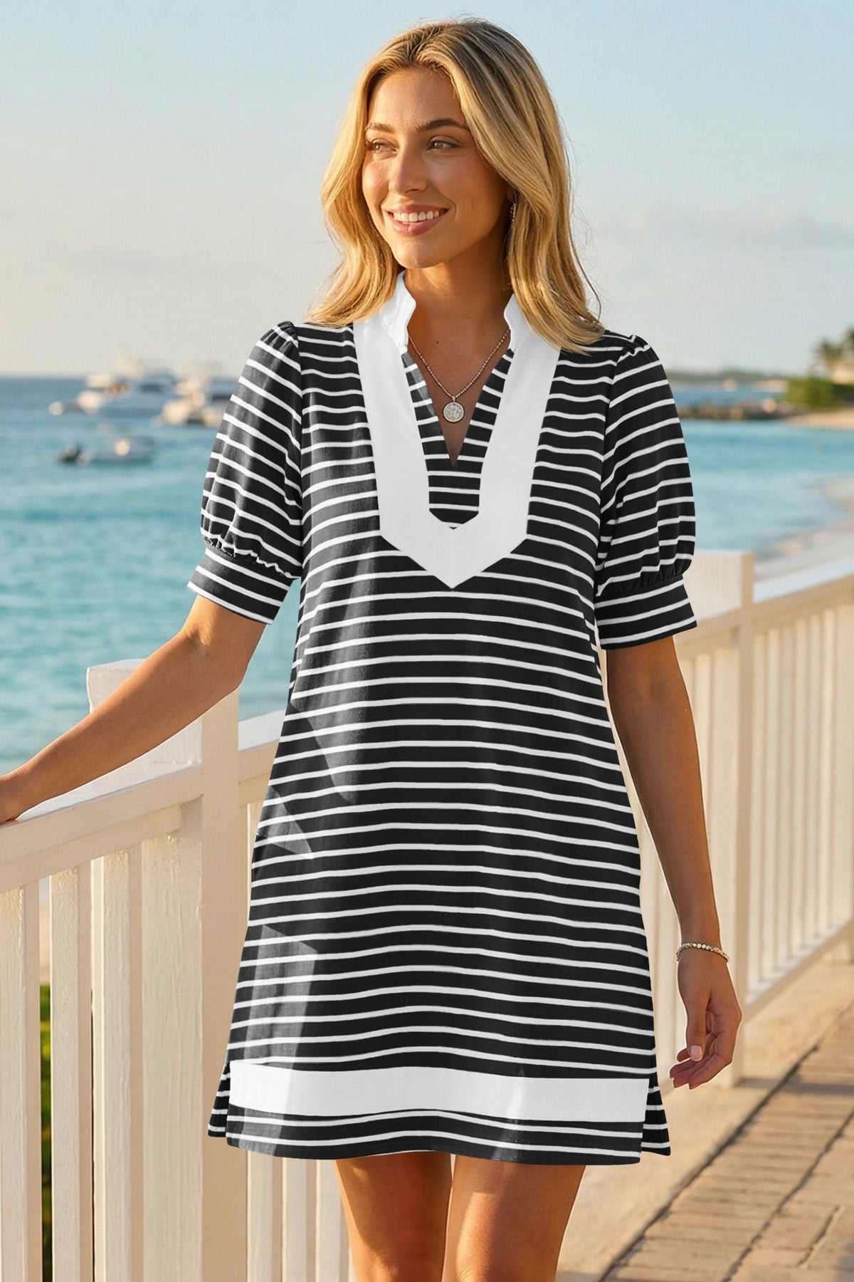 Fisoew Women's Black Casual Short Puff SleeveT Shirt Mini Dress - Fisoew