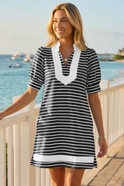 Fisoew Women's Black Casual Short Puff SleeveT Shirt Mini Dress - Fisoew