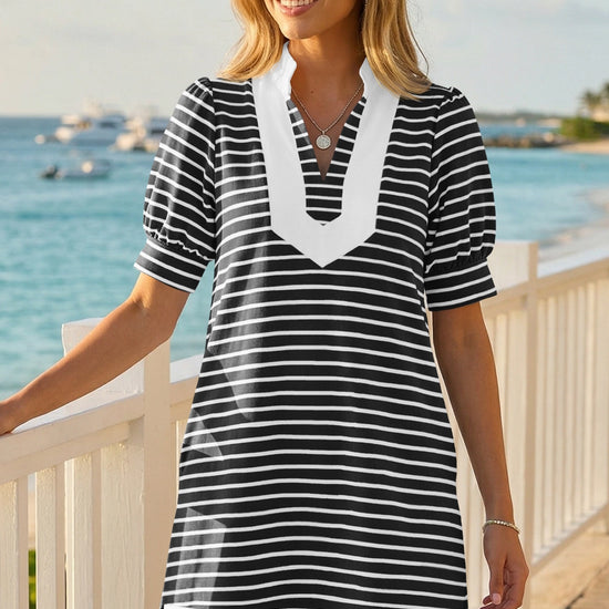 Fisoew Women's Black Casual Short Puff SleeveT Shirt Mini Dress - Fisoew