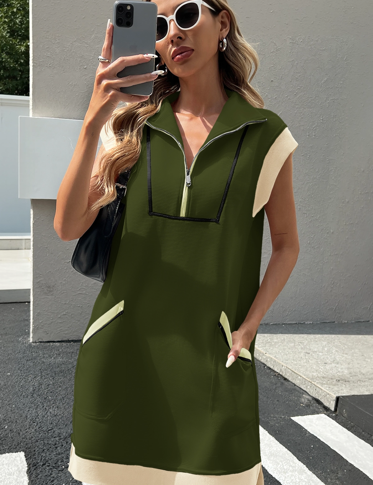 Womens Army Green Half-Zip Contrast Casual Mini Dress Fisoew - Fisoew