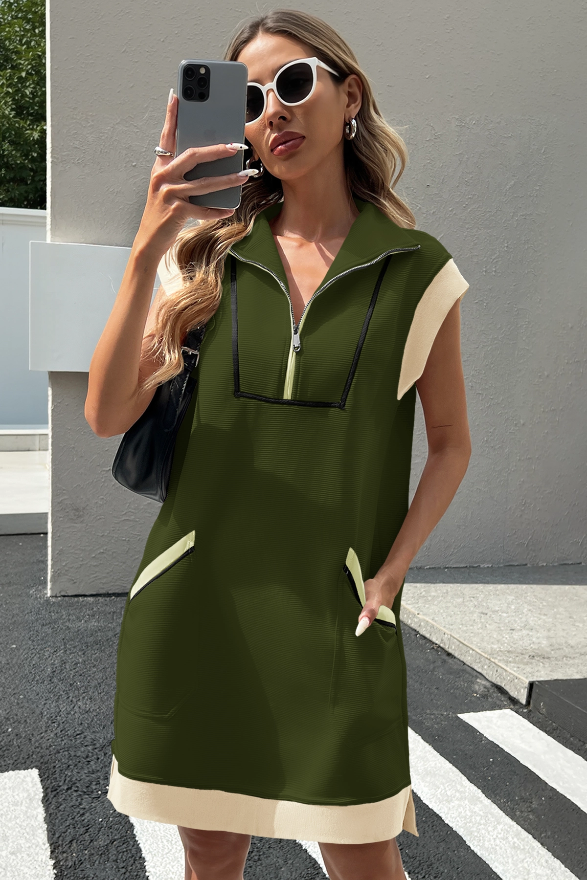 Womens Army Green Half-Zip Contrast Casual Mini Dress Fisoew - Fisoew