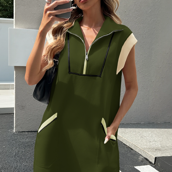 Womens Army Green Half-Zip Contrast Casual Mini Dress Fisoew - Fisoew