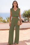 Fisoew Women's Army Green Linen Lounge 2 Piece Outfits - Fisoew