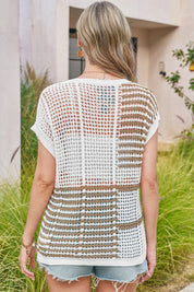 Fisoew Women's Khaki Striped Crochet Short Sleeve Sweater Vest Tops - Fisoew