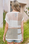 Fisoew Women's Khaki Striped Crochet Short Sleeve Sweater Vest Tops - Fisoew