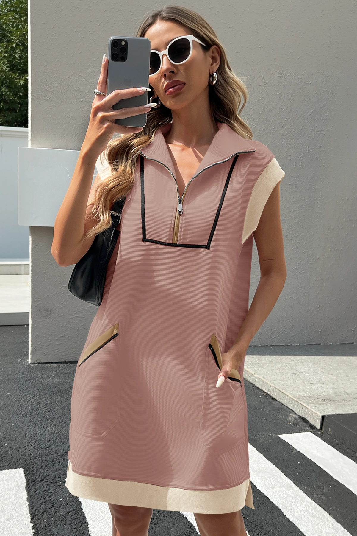 Womens Nude pink Half-Zip Contrast Casual Mini Dress Fisoew - Fisoew
