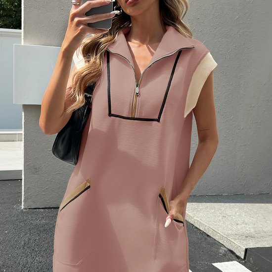 Womens Nude pink Half-Zip Contrast Casual Mini Dress Fisoew - Fisoew