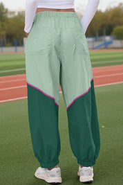 Womens Green Elastic Waist Color Block Pants Fisoew - Fisoew