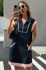 Womens Dark Blue Half-Zip Contrast Casual Mini Dress Fisoew - Fisoew