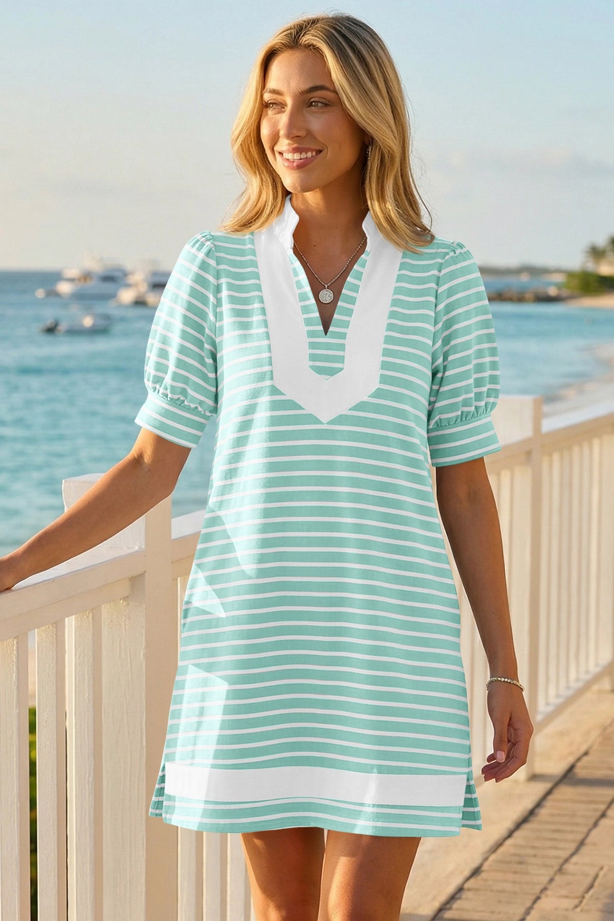 Fisoew Women's Light Blue Casual Short Puff SleeveT Shirt Mini Dress - Fisoew