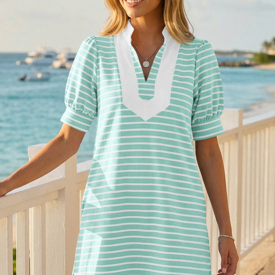 Fisoew Women's Light Blue Casual Short Puff SleeveT Shirt Mini Dress - Fisoew