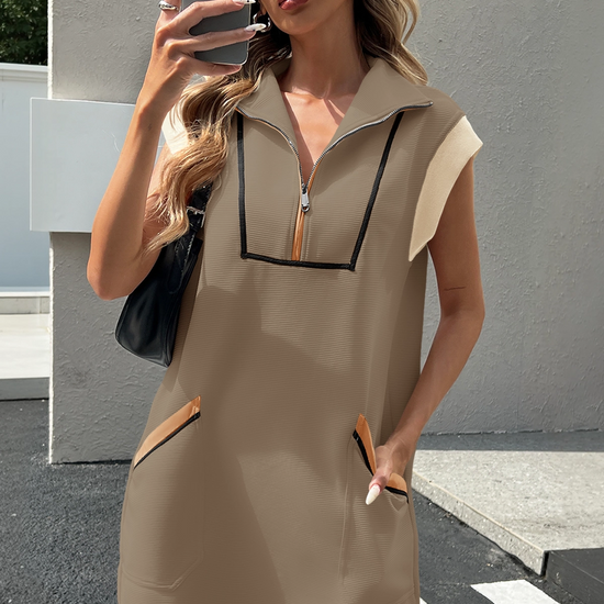 Womens Light Brown Half-Zip Contrast Casual Mini Dress Fisoew - Fisoew