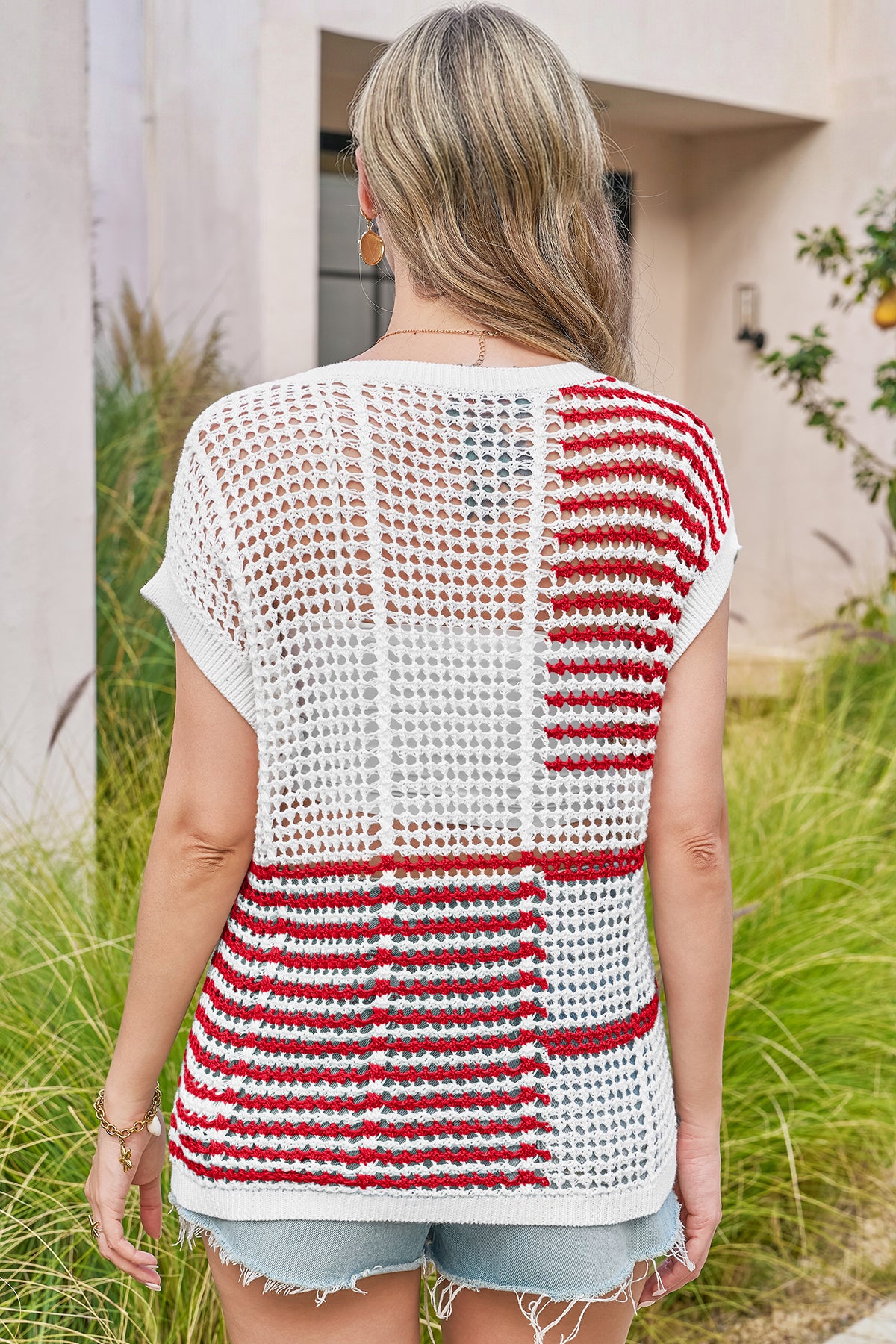 Fisoew Women's Red Striped Crochet Short Sleeve Sweater Vest Tops - Fisoew
