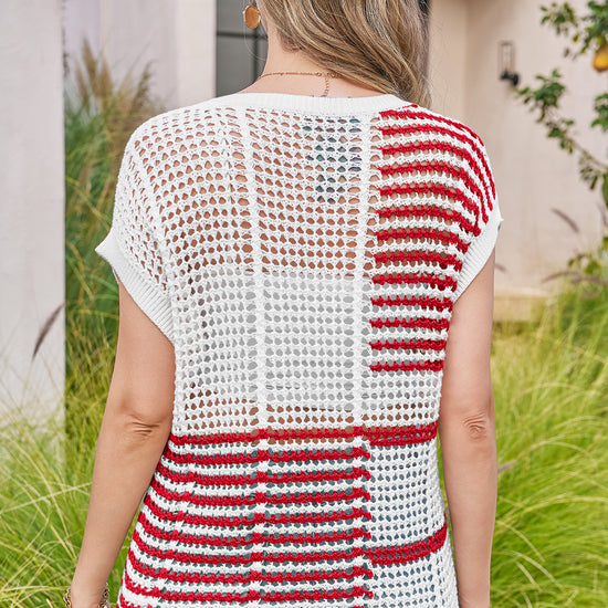 Fisoew Women's Red Striped Crochet Short Sleeve Sweater Vest Tops - Fisoew