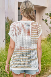 Fisoew Women's Apricot Striped Crochet Short Sleeve Sweater Vest Tops - Fisoew
