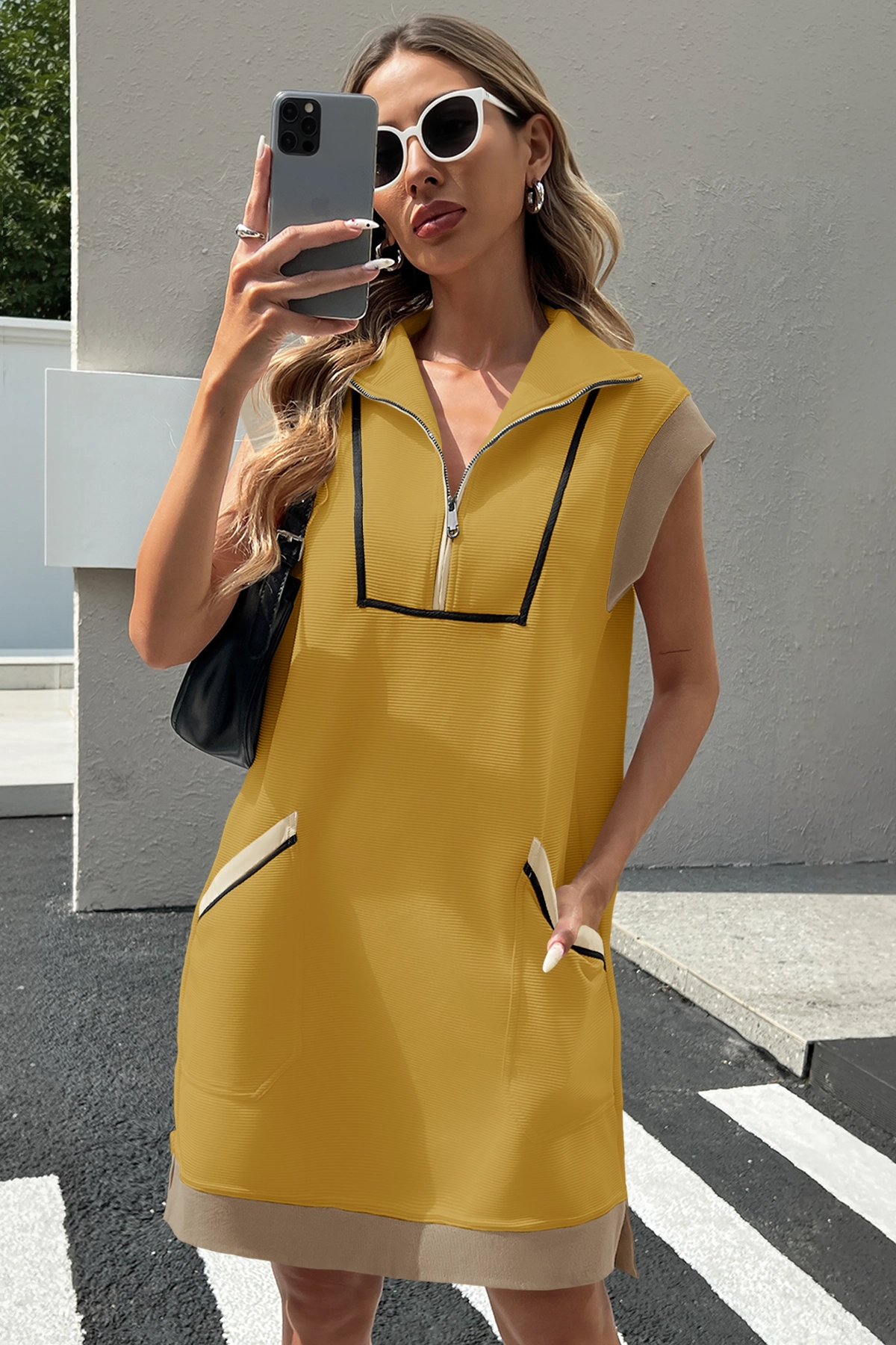 Womens Yellow Half-Zip Contrast Casual Mini Dress Fisoew - Fisoew